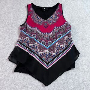 IZ BYER Boho Paisley Chevron "Scarf Print" Sleeveless Top Handkerchief Hem M